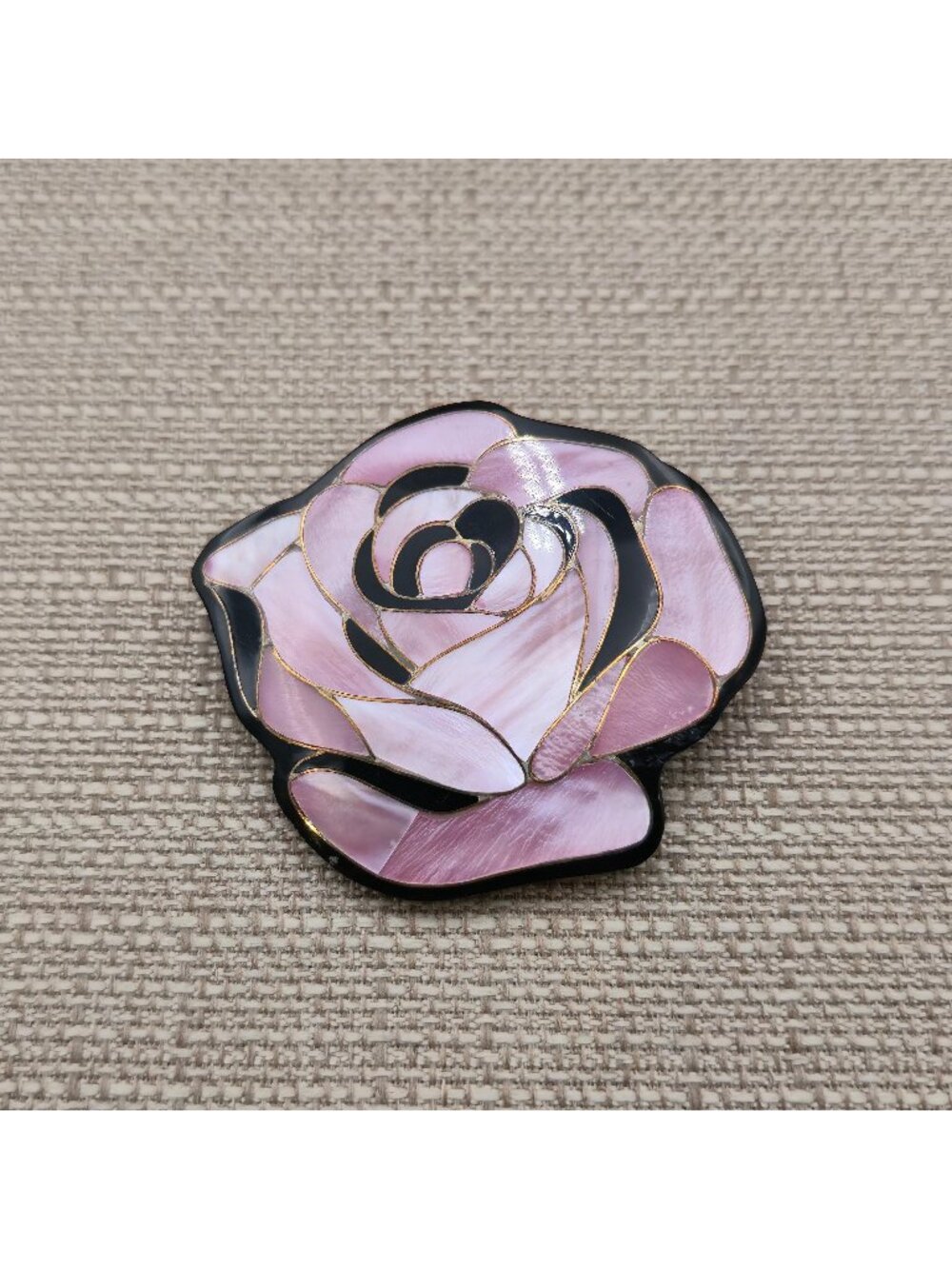 Vintage Black Plastic and Pink Mother of Pearl Rose Bud Brooch Pin B1585